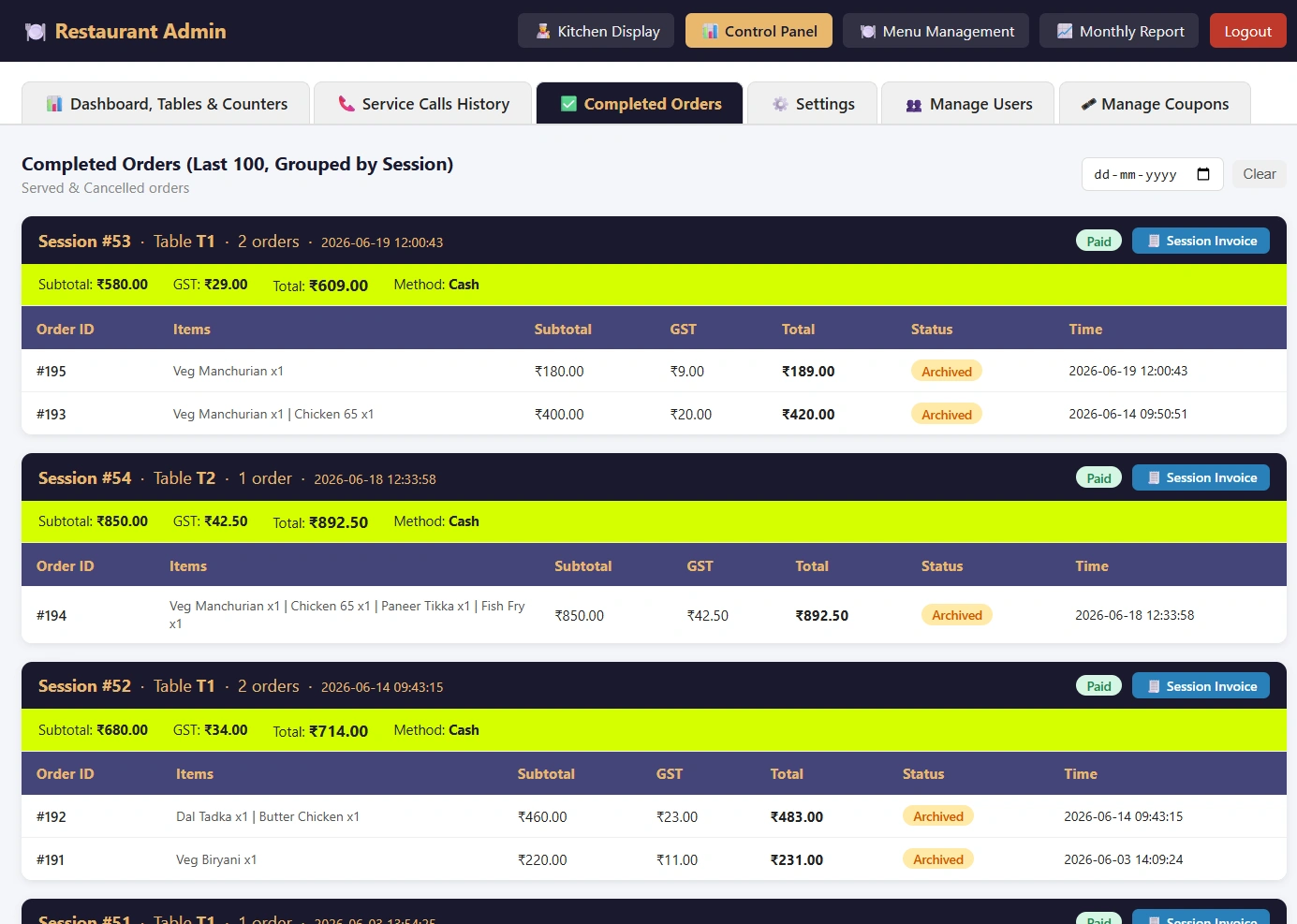 Orders management screen
