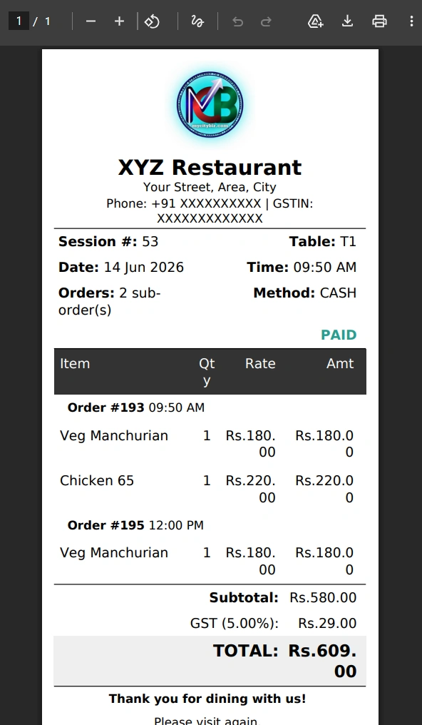 GST invoice download screen