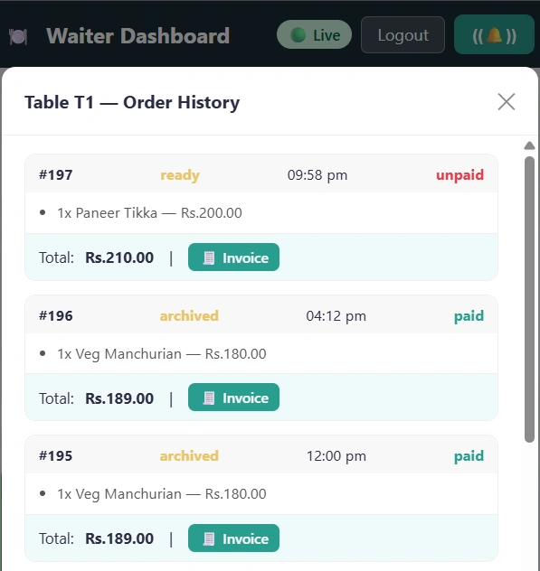 Waiter viewing live orders